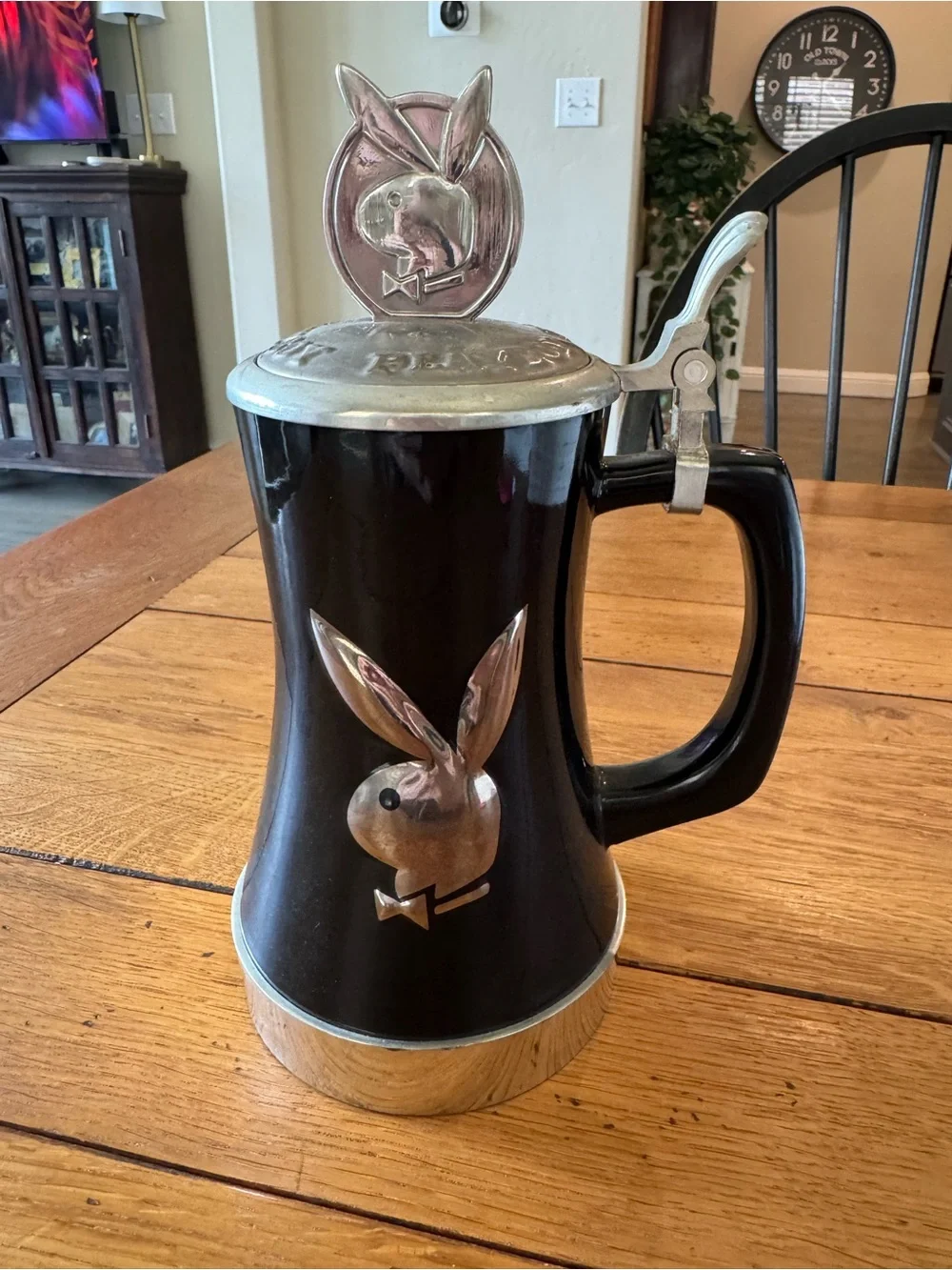 Rare Vintage PLAYBOY Black Ceramic Beer Stein with Metal Bunny and Base